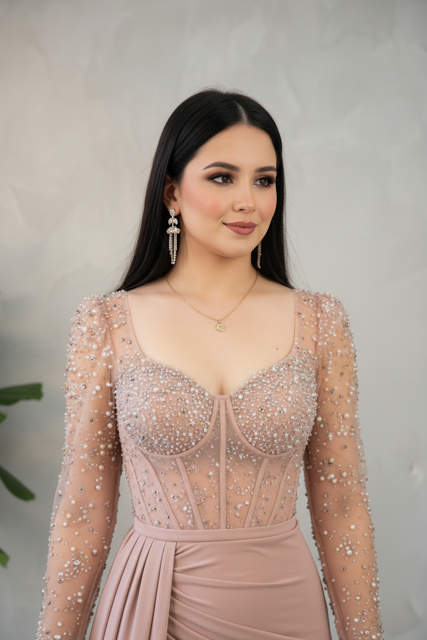 Vestido Formal Rosa Palo Corset de Perlas con Mangas de Tul y Falda Drapeada con Abertura cod.527
