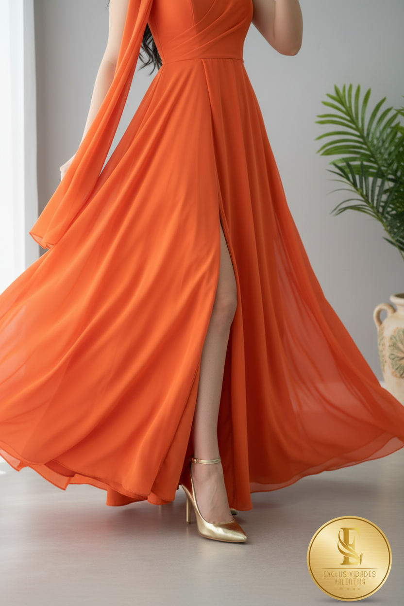 Vestido Naranja Halter Escote Corazón A-Line Abertura cod.00106
