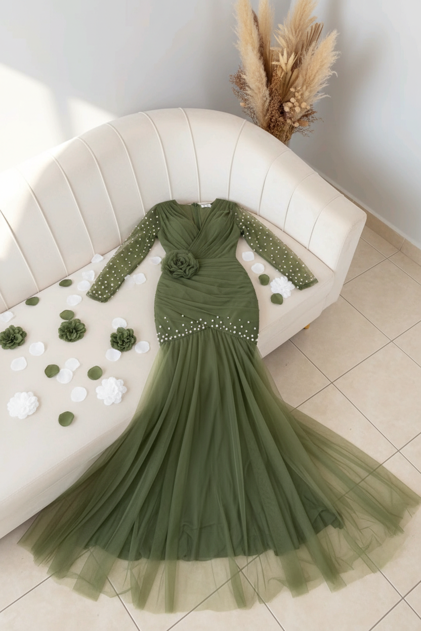 Vestido Verde Oliva Mangas Tul Perlas Rosa 3D Falda Tul cod.V0025