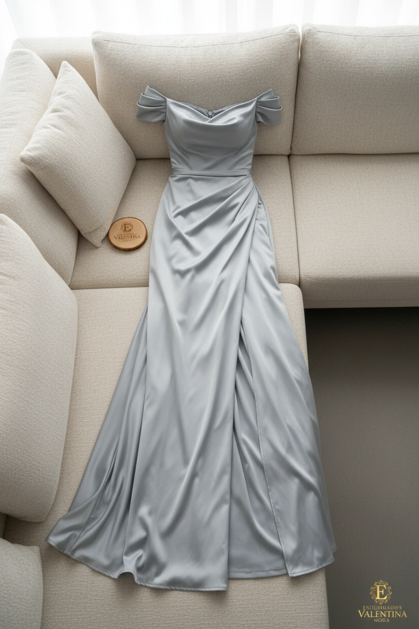 Vestido Gris Perla Off-Shoulder Drapeado Abertura cod.924