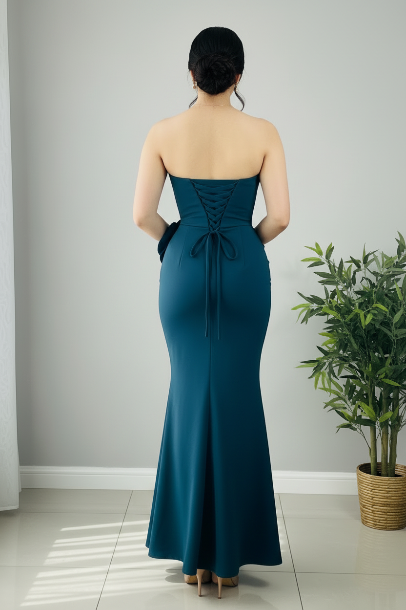 Vestido Sirena Azul Petróleo — Escote V, Tirantes Finos, Rosa 3D Cadera & Espalda Corset cod.897