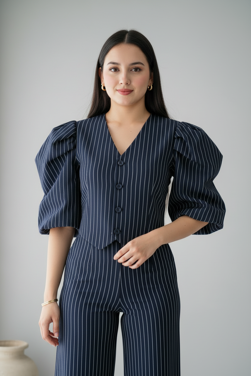 Conjunto azul marino rayas diplomáticas blusa manga globo pantalón wide leg C.1949