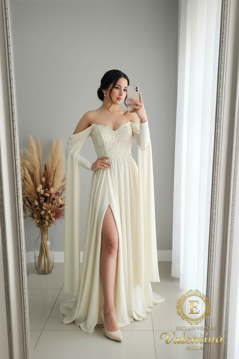 Vestido Novia Ivory Off Shoulder Mangas Fluidas Abertura cod.V401