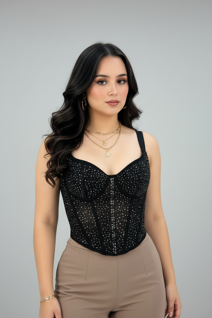 Conjunto Bustier Negro con Brillos y Pantalón Palazzo Topo cod.556