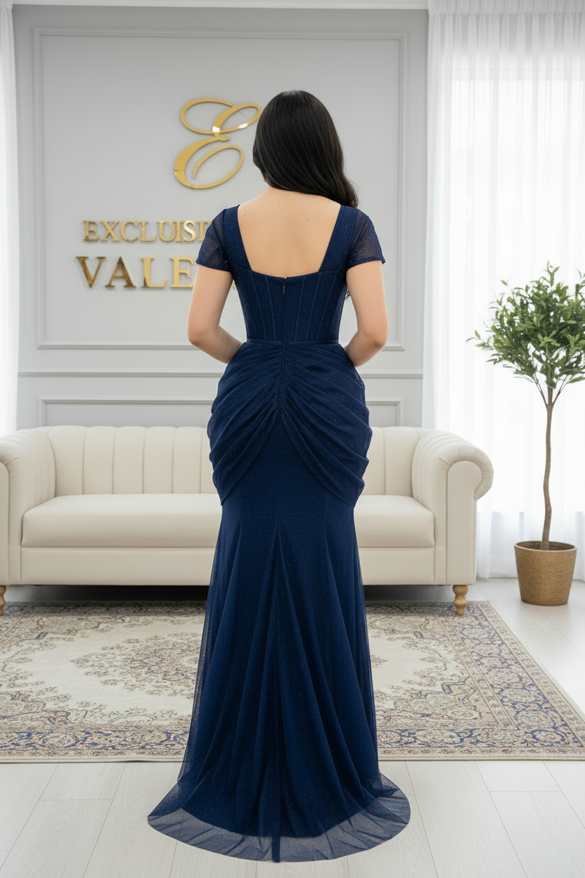 Vestido Azul Marino — Tul con Destellos, Pedrería y Drapeado Pétalos cod.V629