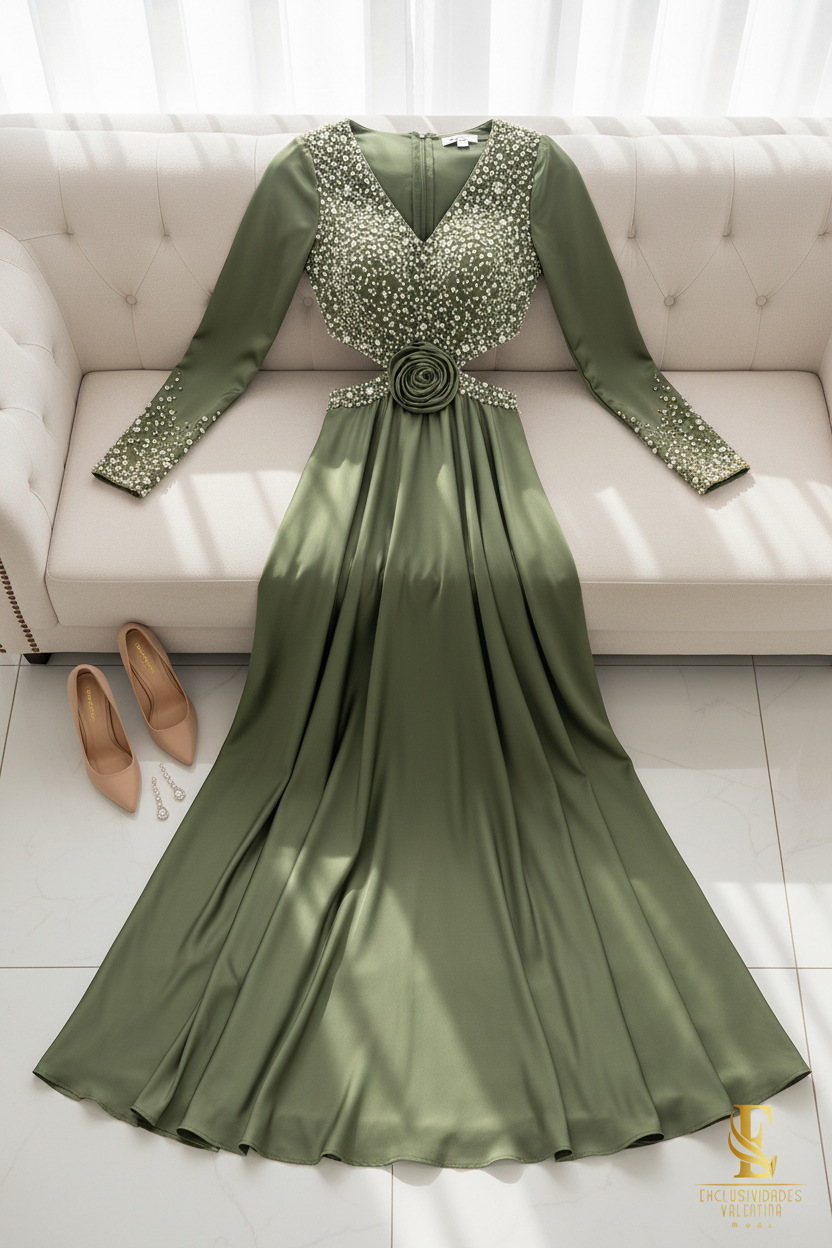 Vestido Verde Olivo Manga Larga con Perlas Cristales y Rosa 3D cod.V286