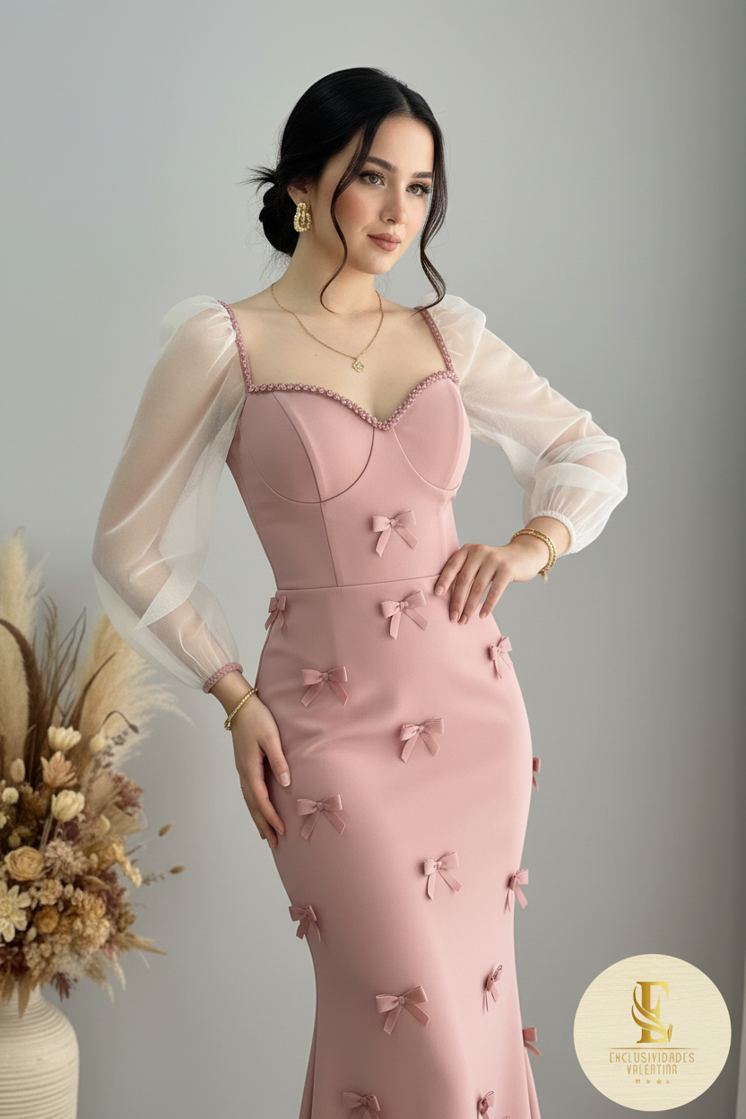 Vestido Rosa Lazos Mangas Largas
