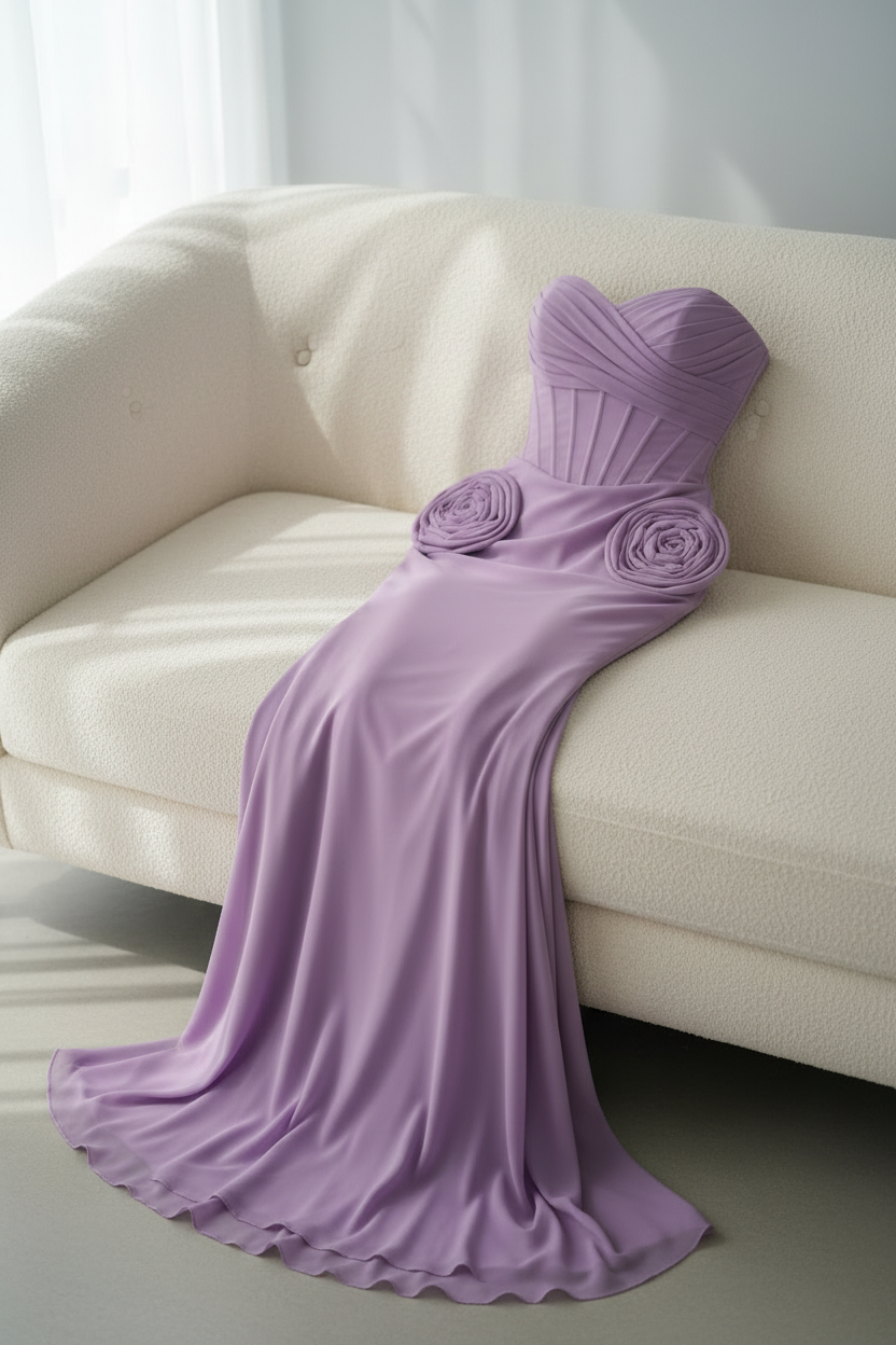 Vestido Lila Strapless Corset Rosas 3D Sirena Cola cod.V698