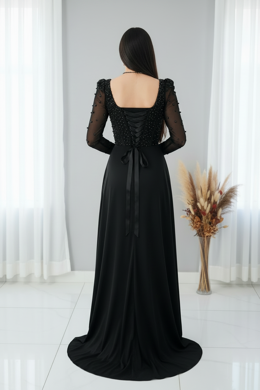 Vestido Negro Cristales Tul Perlas cod.V313