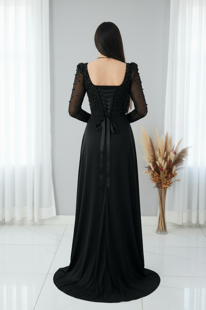Vestido Negro Cristales Tul Perlas cod.V313