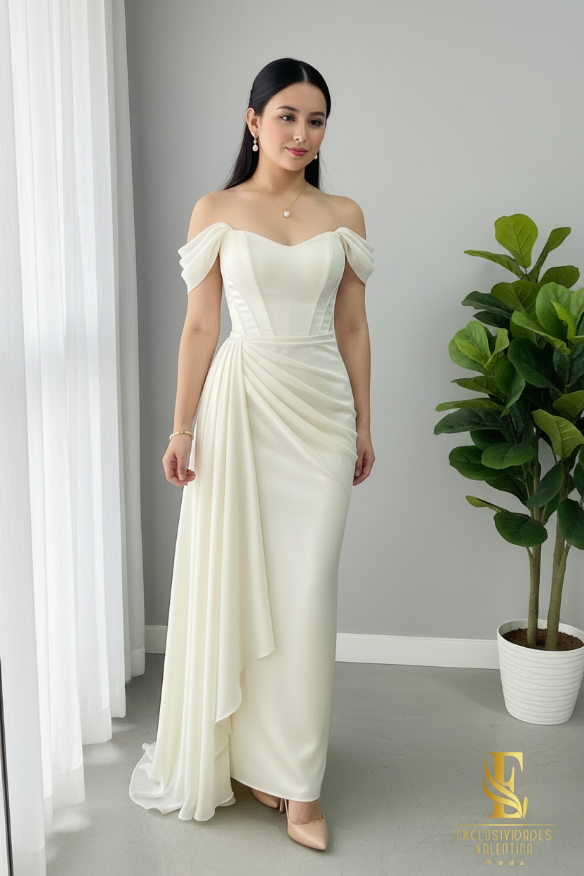 Vestido Blanco Off-Shoulder con Capa Drapeada cod.V670