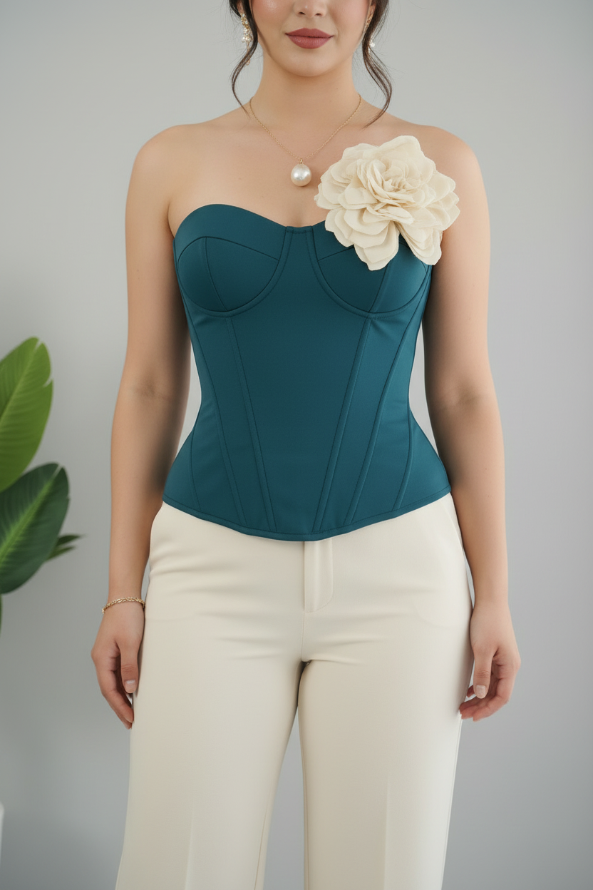 Set Bicolor Corset Teal con Flor 3D y Pantalón Crema Exclusivo cod.804