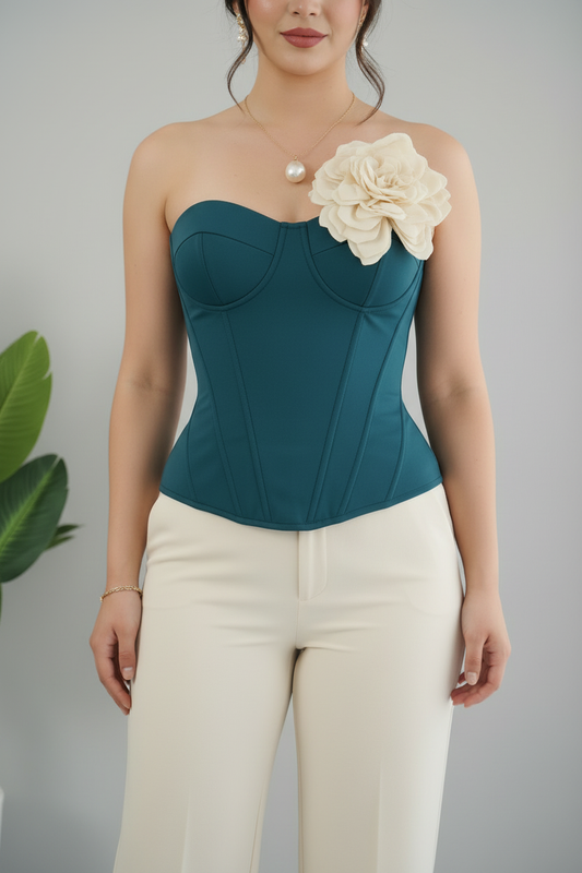Set Bicolor Corset Teal con Flor 3D y Pantalón Crema Exclusivo cod.804