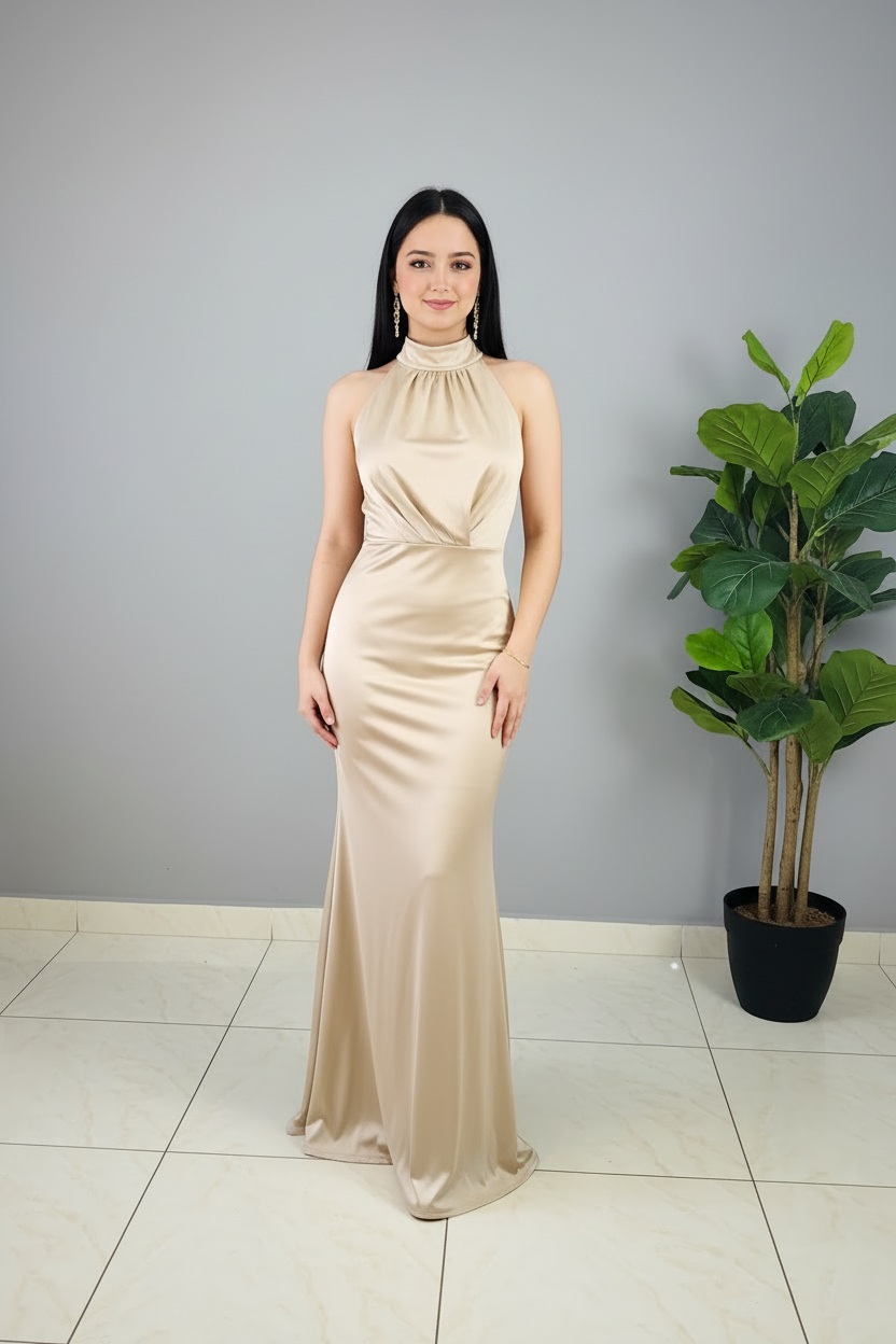 Vestido Champagne Halter Open Back Sirena cod.625