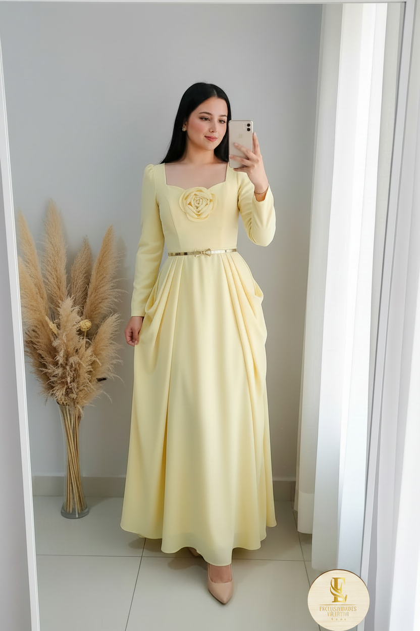 Vestido Amarillo Pastel Rosa 3D Cinturón Dorado cod.V388