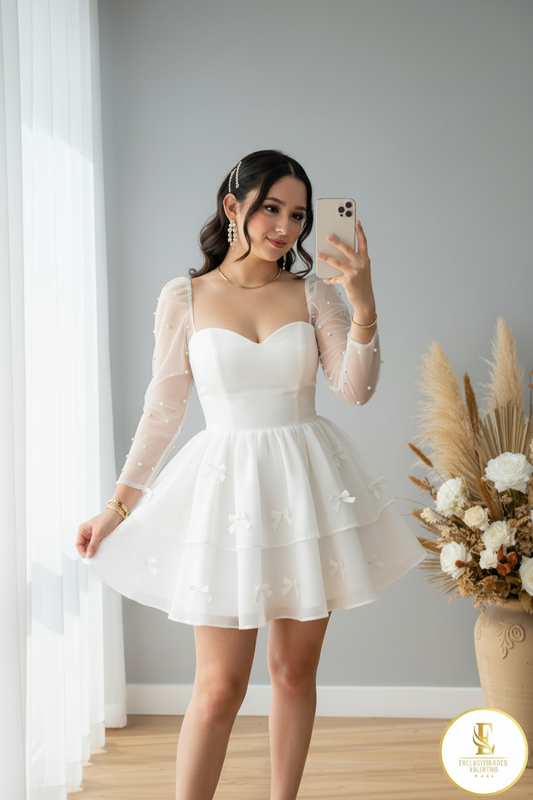Vestido Blanco Corto Tul Perlas Manga Larga cod.V387