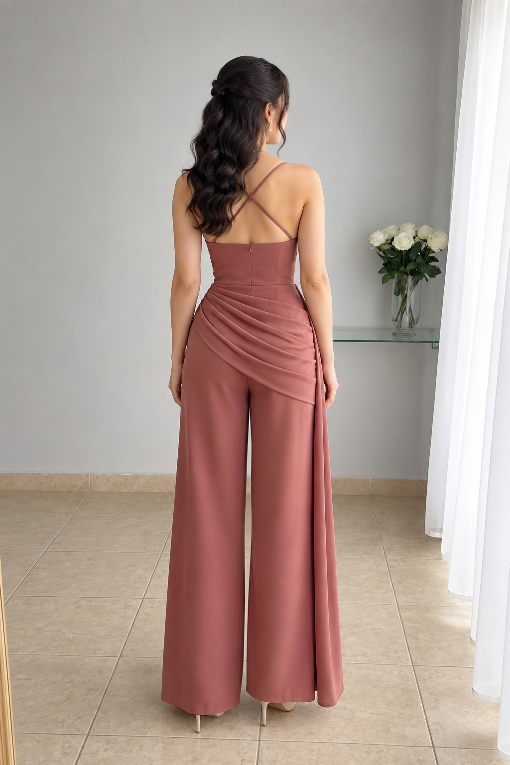 Enterizo Rosa Terracota Bustier Perlas Drapeado Lateral Pantalón Recto cod.E0005