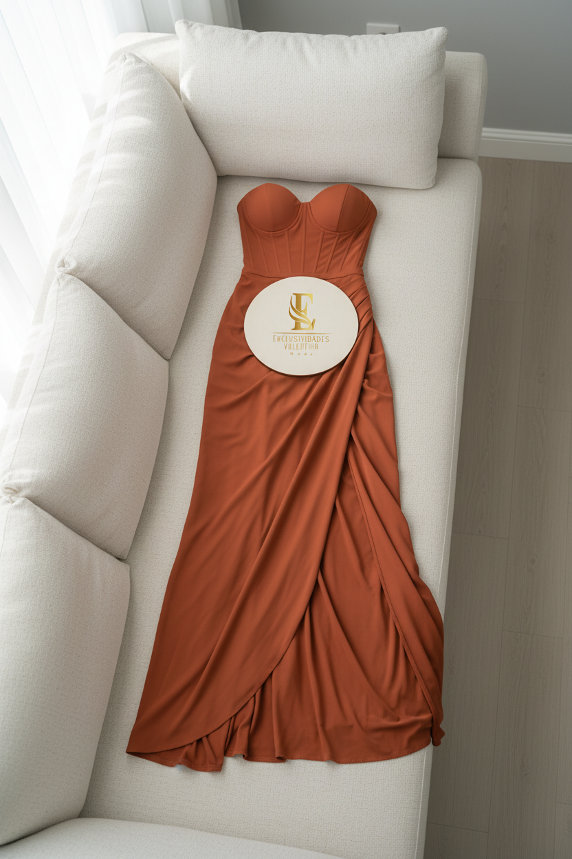 Vestido Corset Terracota con Falda Drapeada cod.0060
