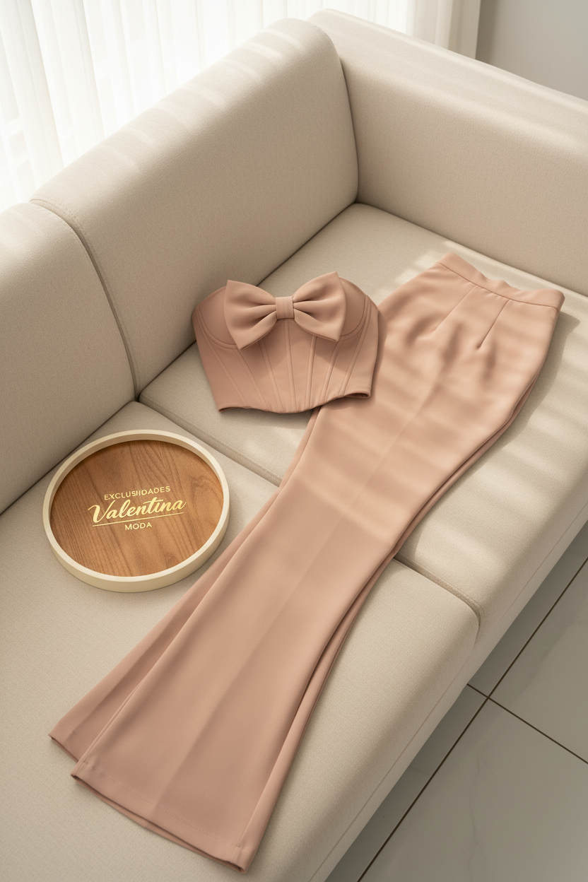 Conjunto Rosa Nude Corset con Lazo 3D y Pantalón Acampanado cod.657