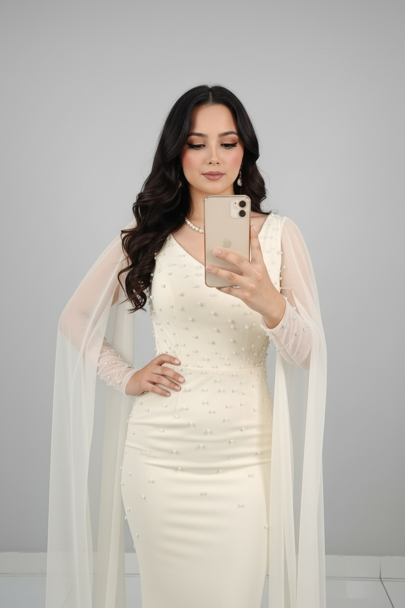 Vestido Crema Perlas Capa Tul Plumas cod.606