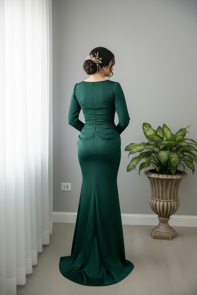 Vestido Verde Esmeralda Manga Larga Cuello V Perlas cod.0020