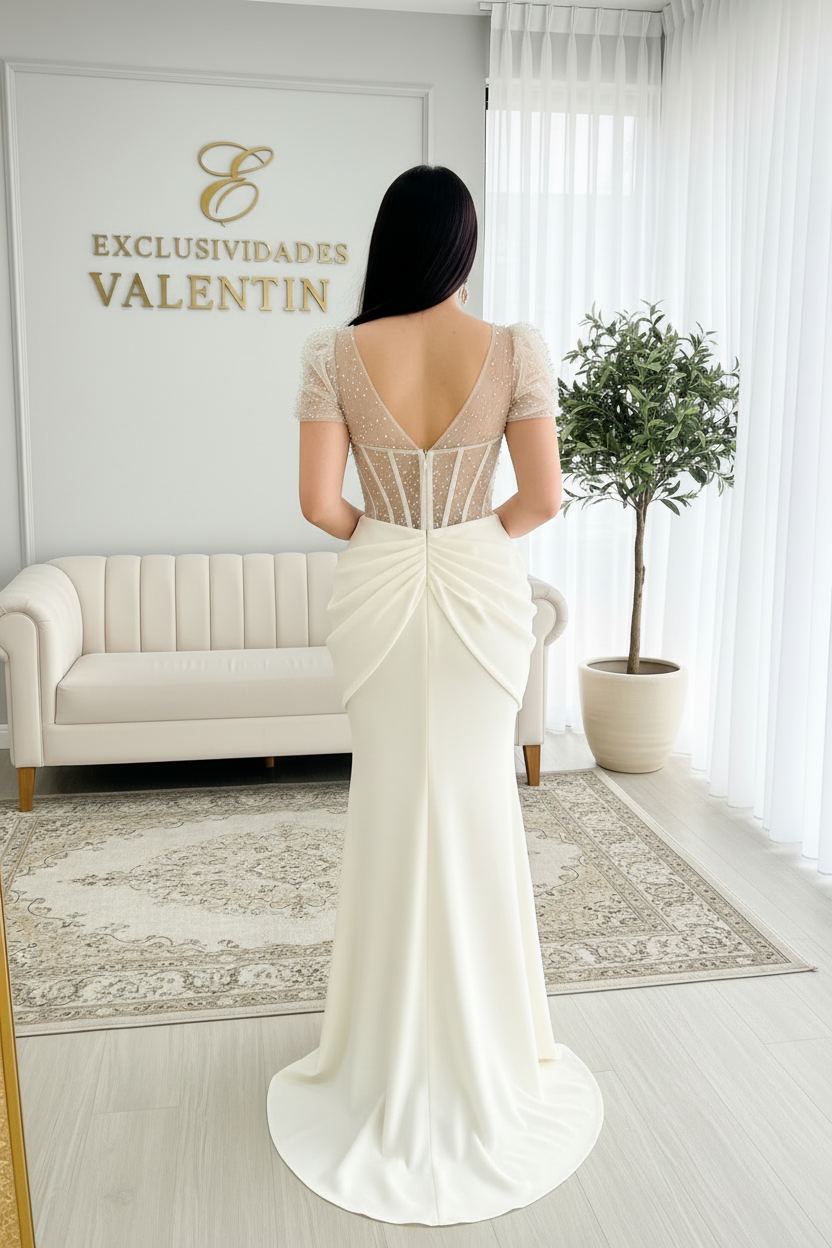 Vestido de Novia Corset de Tul con Perlas y Falda Sirena Blanca cod.V610