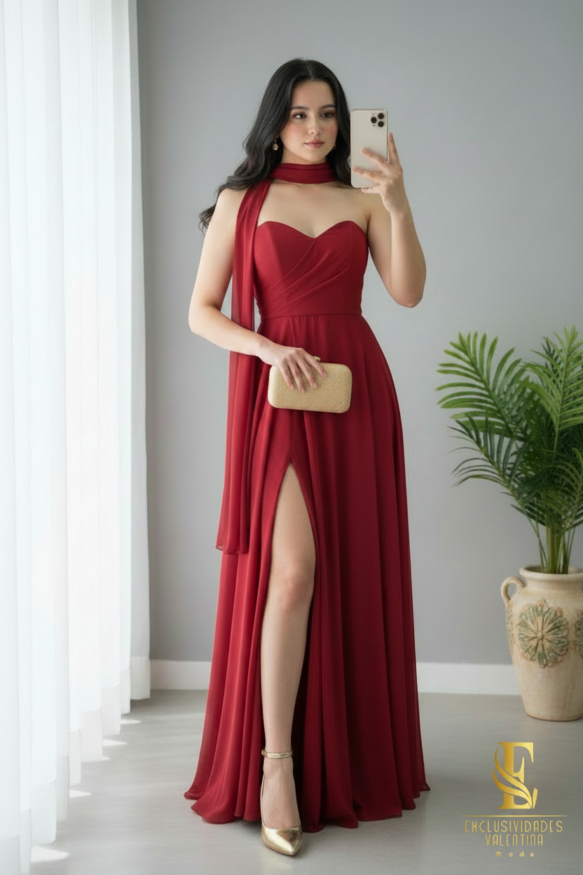 Vestido Rojo Vino Strapless con Choker, Capa Drapeada y Abertura Alta cod.0083