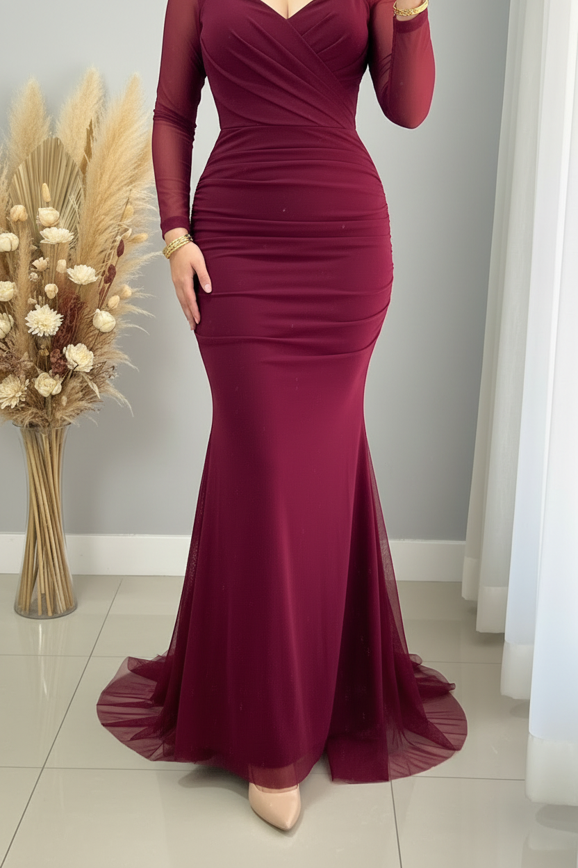 Vestido Vino Sirena con Tul y Drapeado cod.V361