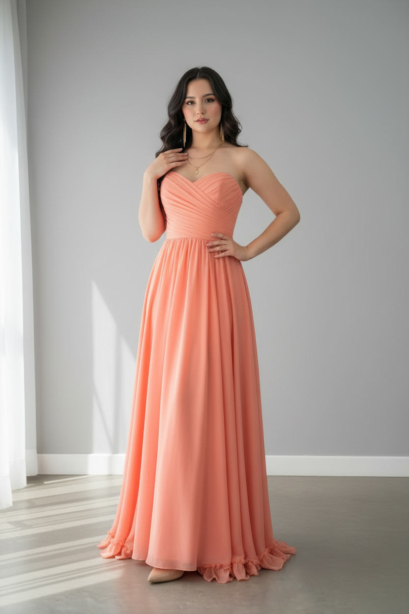 Vestido Coral Salmón Strapless con Abertura y Tiras de Ajuste cod.V645