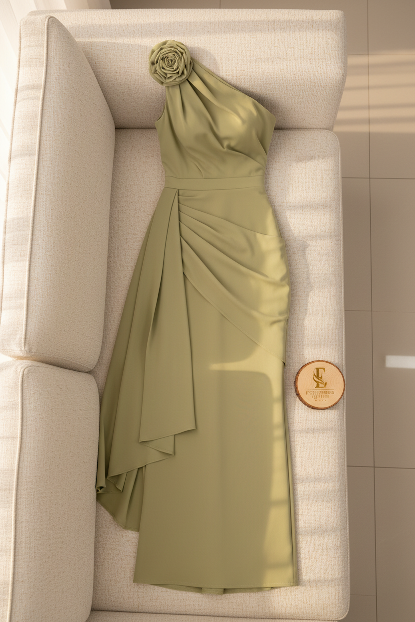 Vestido Verde Salvia Un Hombro con Rosa 3D y Drapeado Exclusivo cod.807