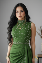 Vestido Verde Oliva Perlas Mini cod.V742