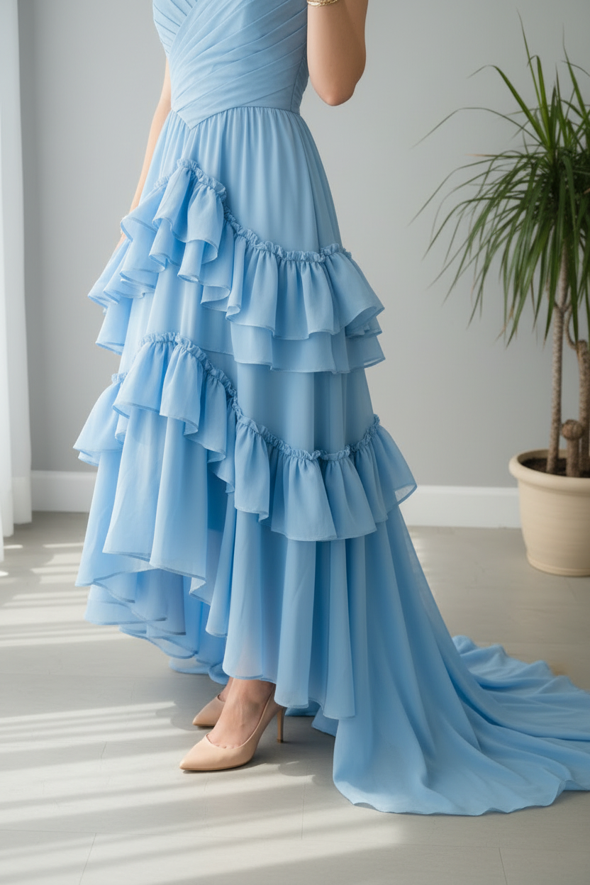 Vestido Azul Cielo Strapless Corset Drapeado Cruzado y Falda Volantes en Capas cod.770