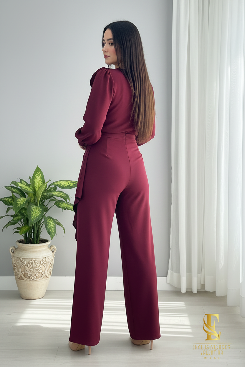 Conjunto Vino — Blusa Rosa & Falda Drapeada con Palazzo cod.0031