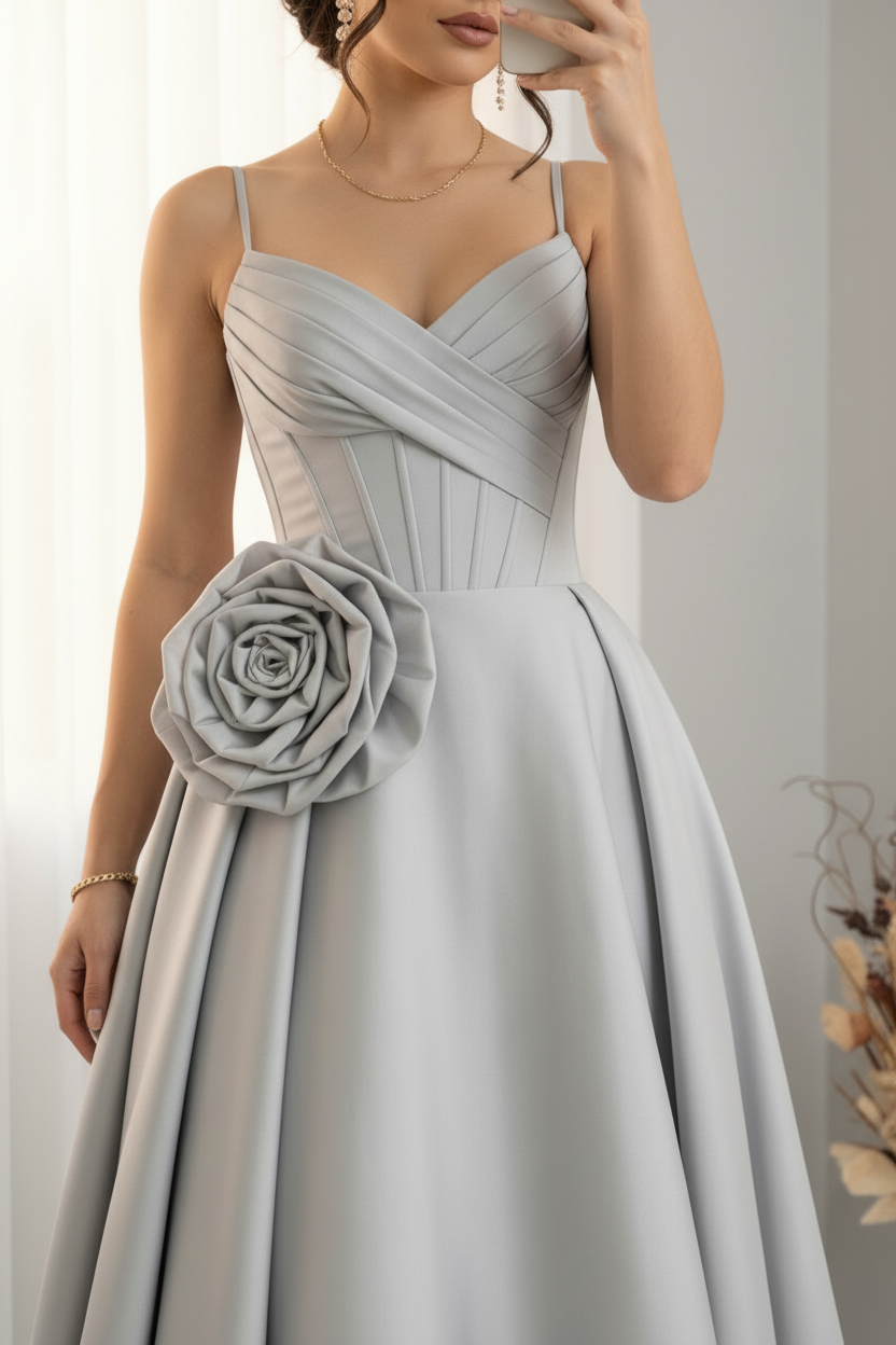 Vestido de Gala Gris Plateado con Rosa D cod.V596