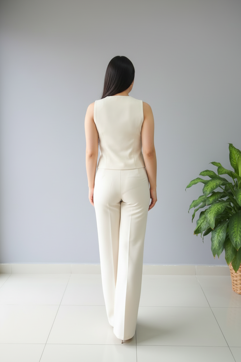 Conjunto Crema Chaleco Bordado y Pantalón cod.633