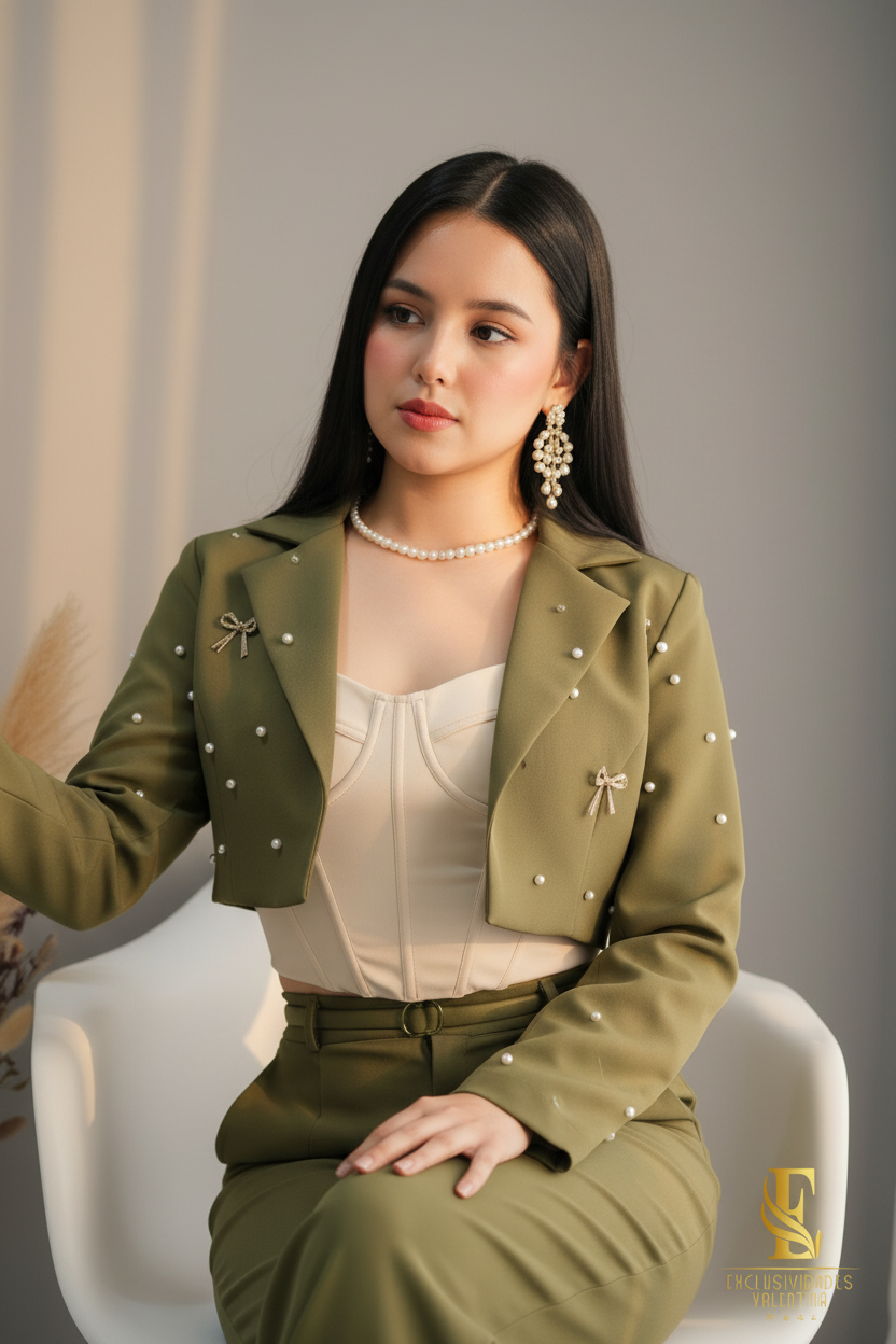 Conjunto Olive Pearl Bow Blazer & Palazzo cod.C224