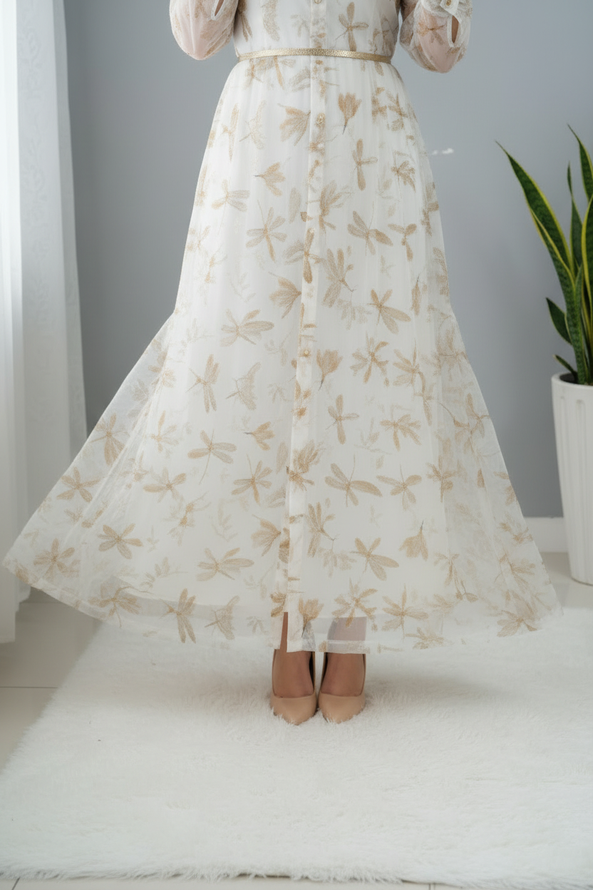 Vestido Libélulas Doradas — Chiffon Botones & Manga Larga cod.80