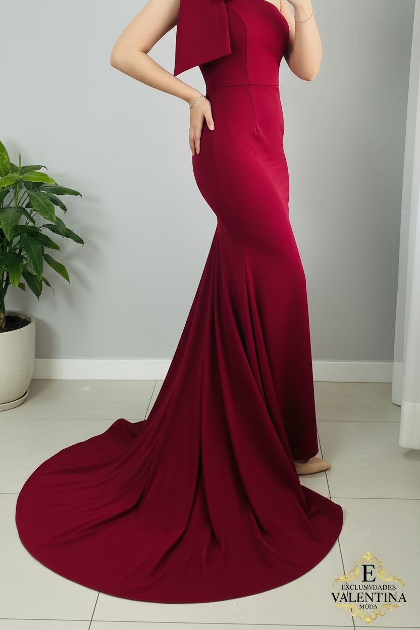 Vestido Rojo Vino Un Hombro Lazo Estructurado Sirena cod.926
