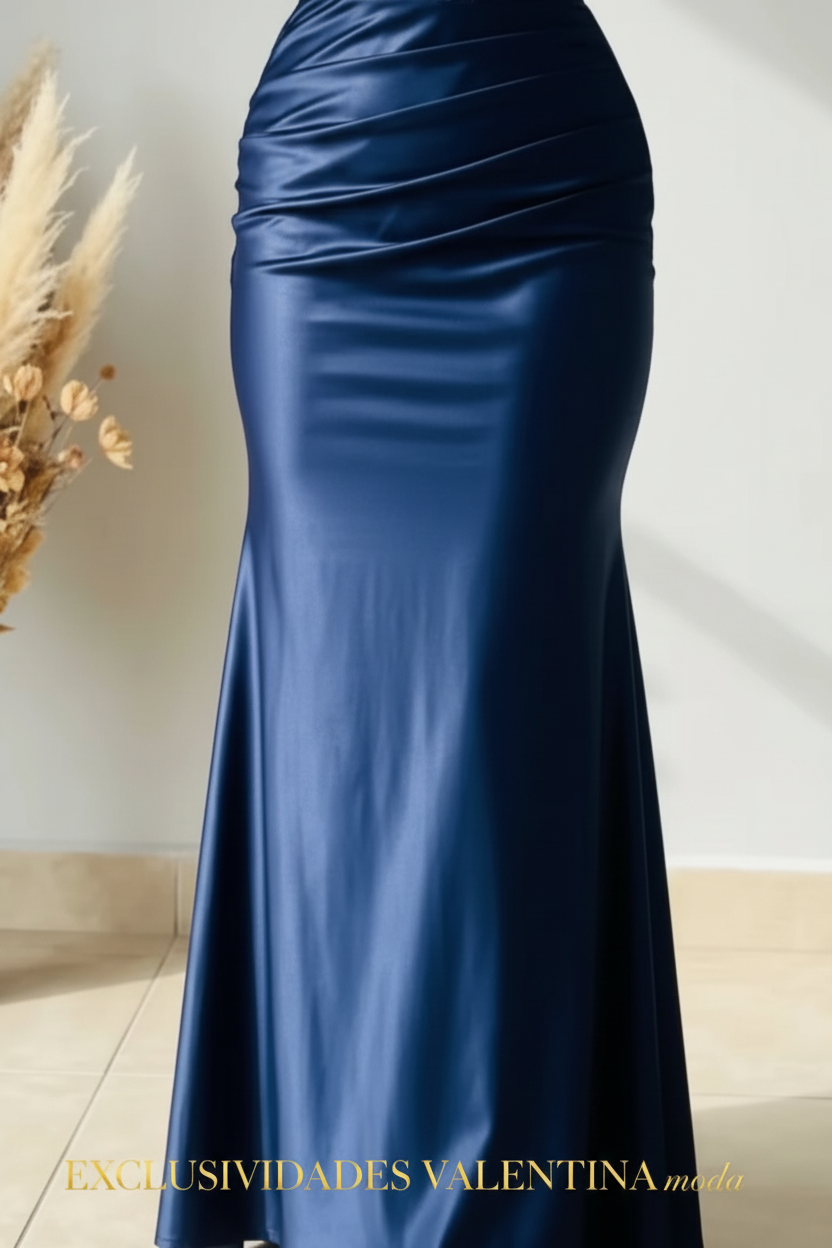 Vestido Sirena Azul Marino Satén con Perlas y Corsét cod.V856