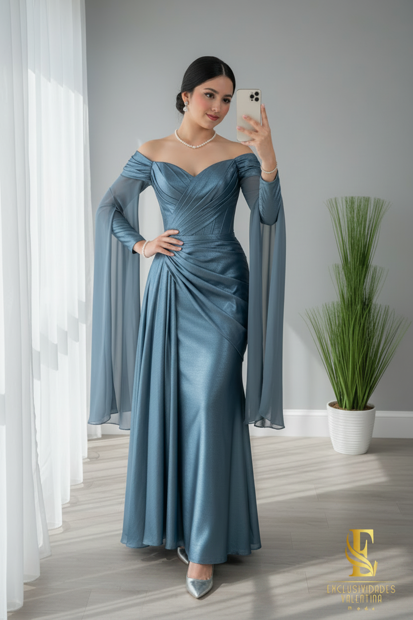 Vestido Azul Acero Off-Shoulder con Mangas Campana Largas cod.V676