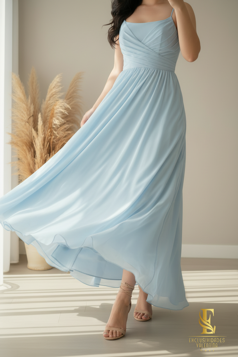 Vestido Azul Cielo Chifón A-Line con Tirantes y Cuerpo Drapeado cod.0079