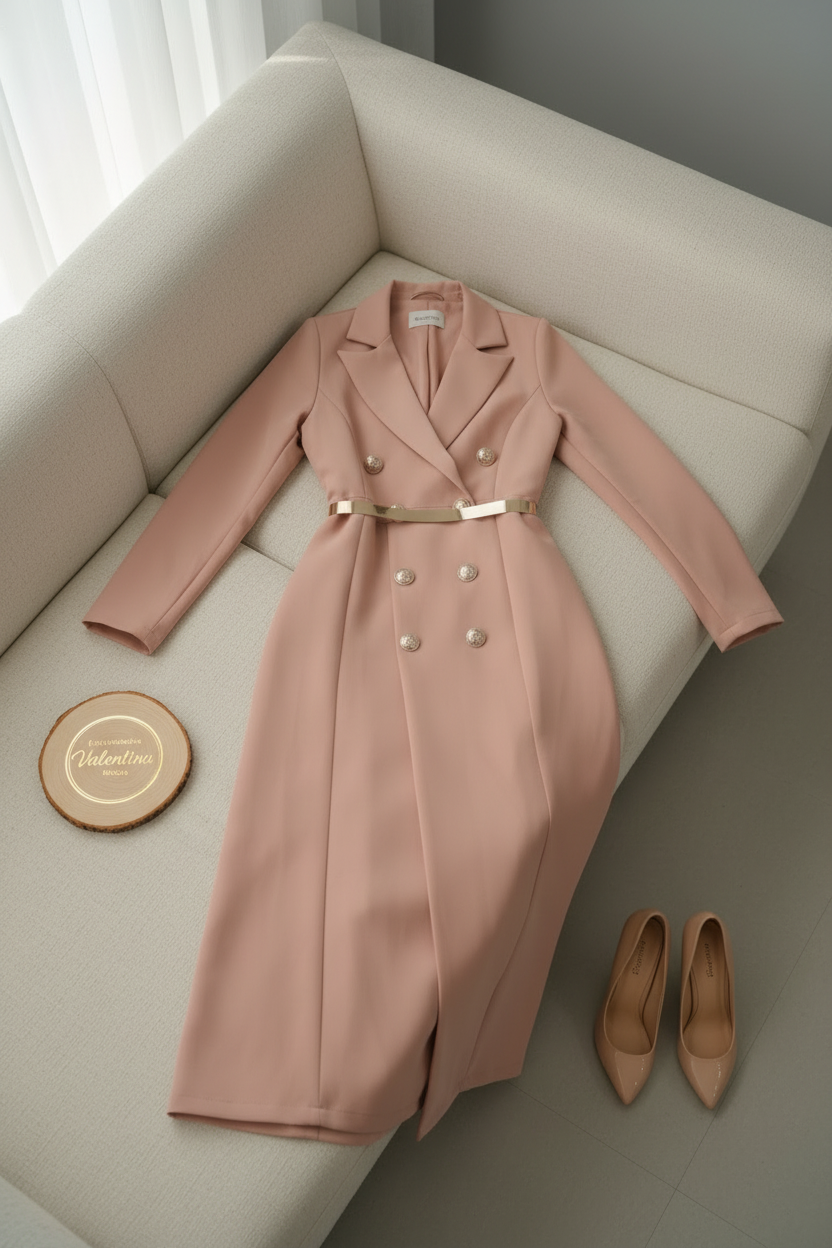 Vestido Blazer Rose Gold – Doble Botonadura con Cinturón Dorado cod.687
