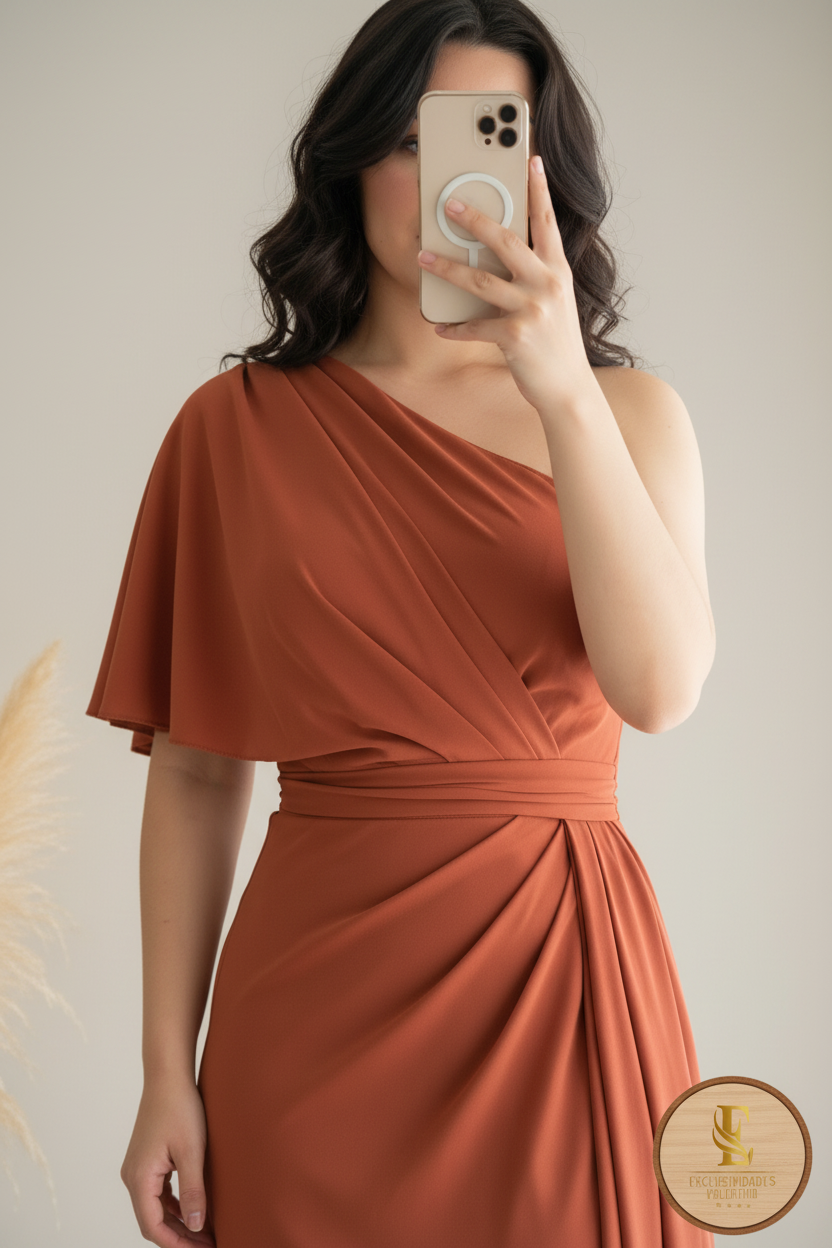 Vestido Terracota Asimétrico Un Hombro cod.0088