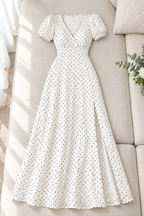 Vestido largo blanco con lunares, escote V y abertura cod. VC006