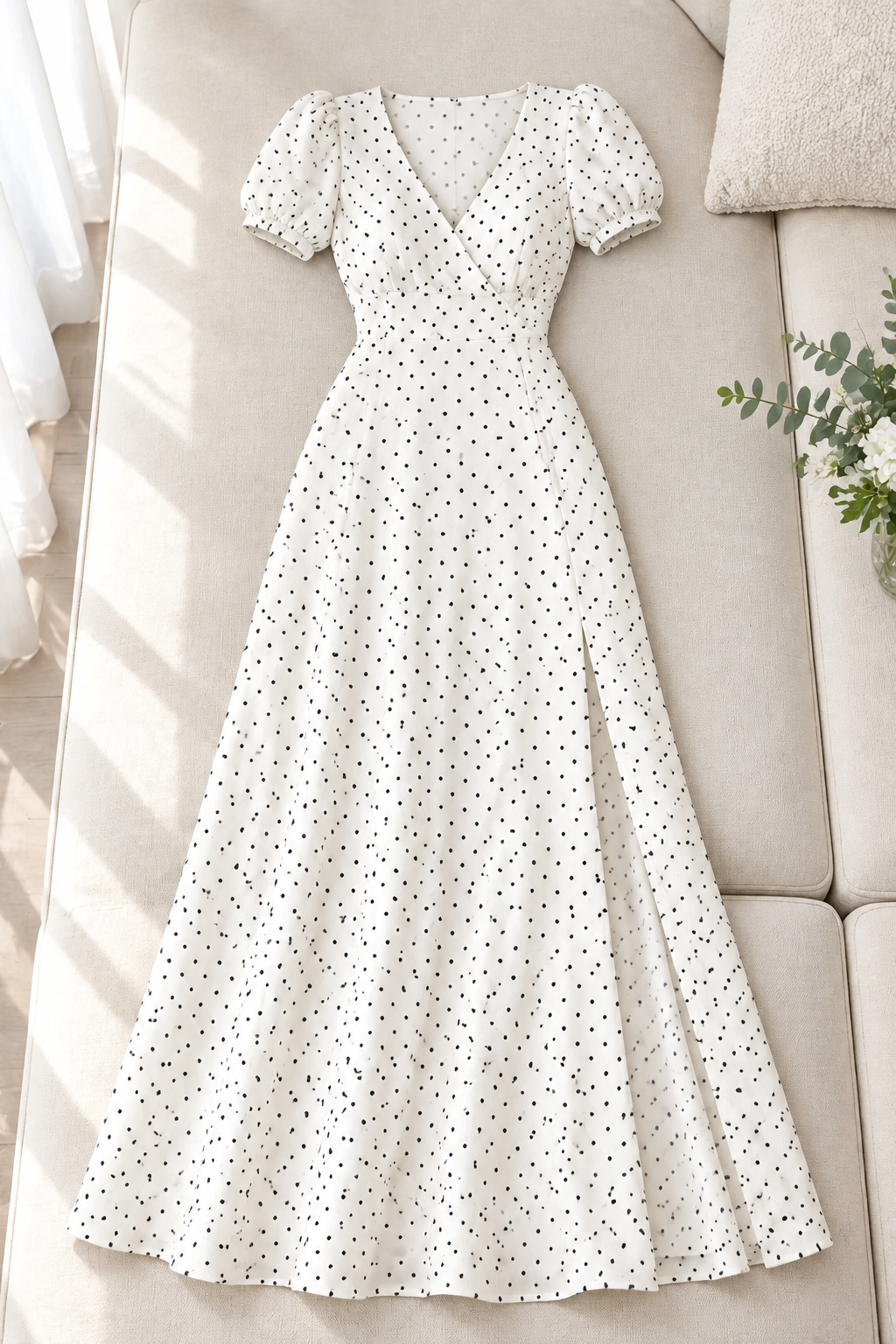 Vestido largo blanco con lunares, escote V y abertura cod. VC006
