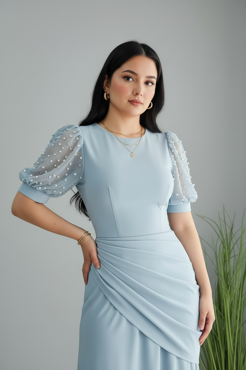 Vestido Pearl Blue – Gown Azul Cielo Mangas Puff de Perlas & Drapeado Griego cod.688