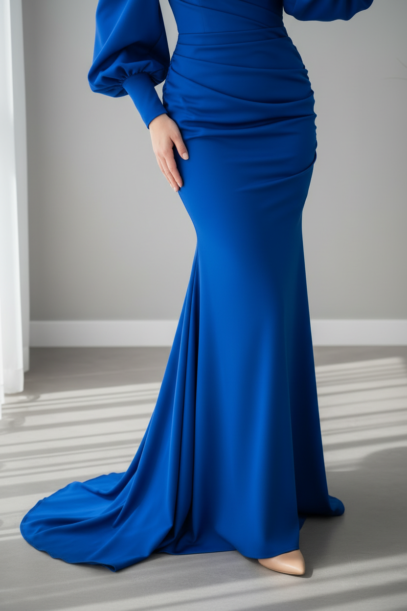 Vestido Azul Royal Manga Larga Cuello Perlas cod.0018