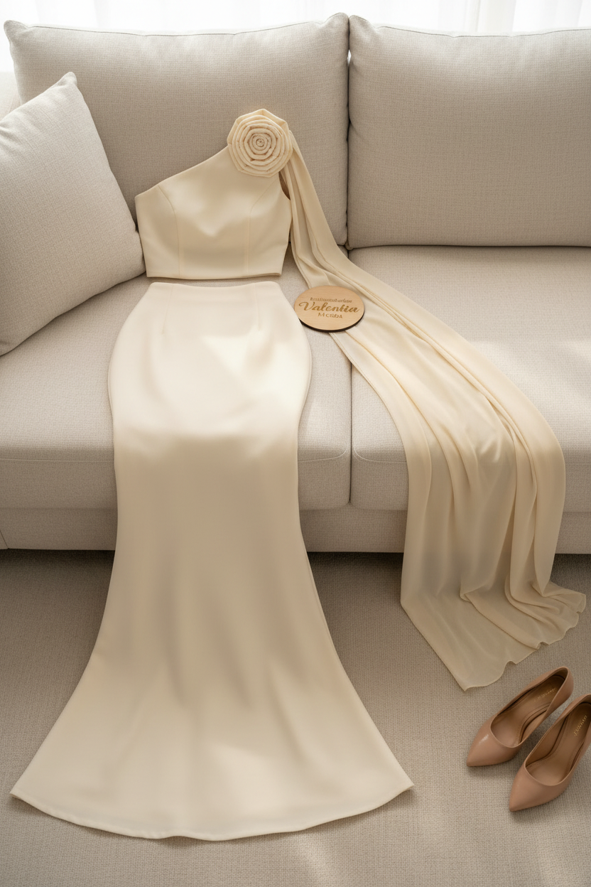 Conjunto Ivory Rose – Top Un Hombro con Rosa 3D & Cola + Falda Sirena cod.683