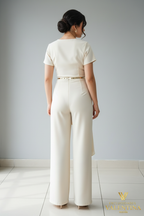 Enterizo Marfil Manga Corta con Rosa y Pantalón Palazzo cod.E534
