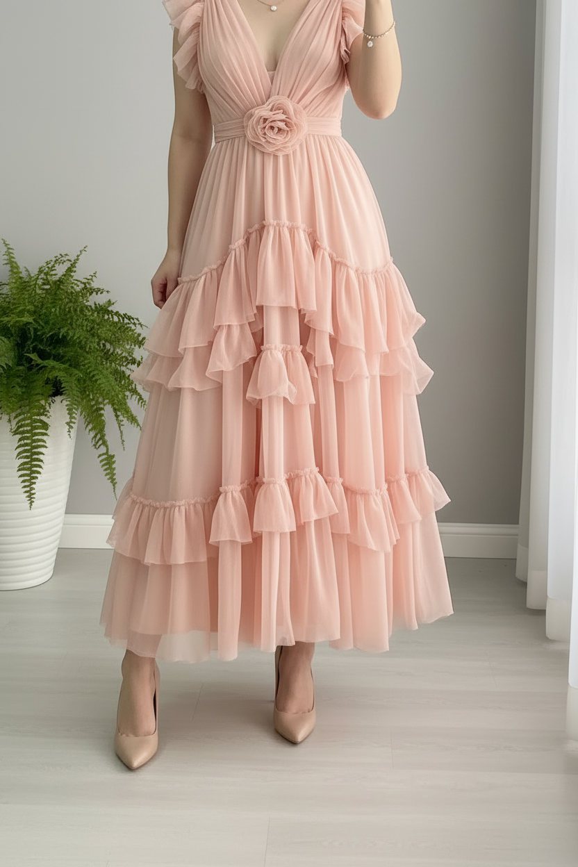Vestido Rosa Blush Tul Sin Mangas Flutter Shoulders Escote V Rosa 3D Capas Volantes cod.833